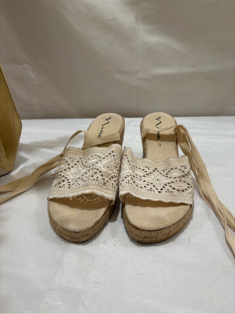Nina Cream Lace Espadrille Slide Sandals with Ankle Ties
